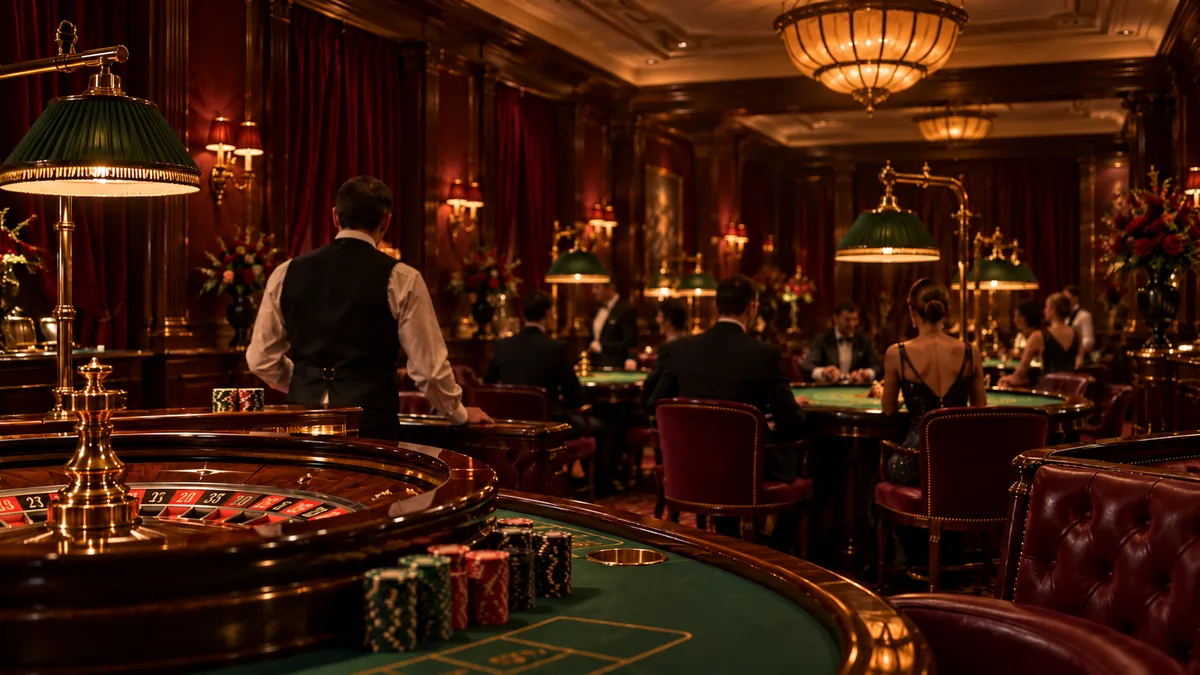 Table games on the gaming floor of Royal Veyra, panelled in dark wood and burgundy leather
