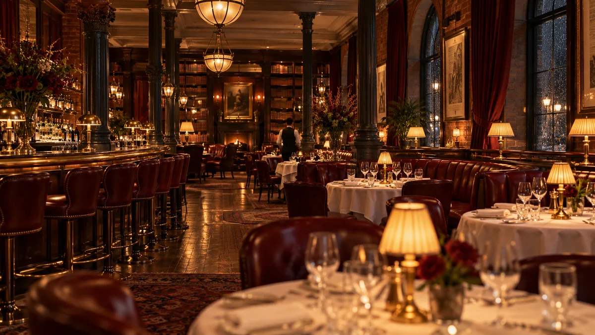 The Press Room restaurant at Royal Veyra with set tables and warm lamps